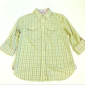 Talbots 3/4 Botton Down Shirt Plaid Green/Purple Size 2